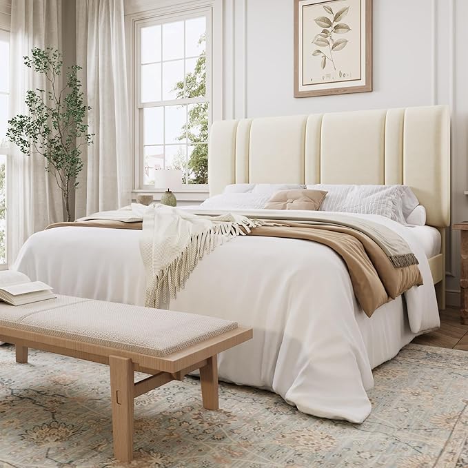 SHA CERLIN Queen Size Platform Bed Frame, Velvet Upholstered Bed with Adjustable Headboard, Vertical Channel Tufted Design, Sturdy Wood Slat Support, No Box Spring Needed, Easy Assembly, Cream White
