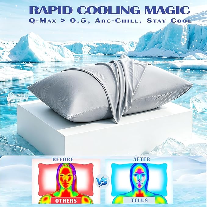 TELUS Cooling Pillowcases Queen Size 2-Pack, Silky Soft Breathable Pillow Case with Envelope Close, Stay Cool Pillow Cover for Hot Sleepers and Night Sweats, 20x30 Inch, Dark Grey