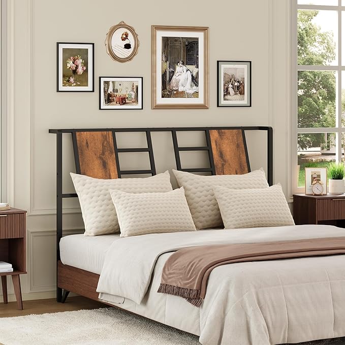 MAHANCRIS Headboard Queen Size Only, Industrial Metal Bed Headboard with Adjustable Feet and Compatible Adapters, Fits Most Bed Frames, Rustic Brown and Black