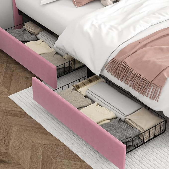 VECELO Full Upholstered Platform Bed Frame with 4 Storage Drawers,Velvet Vintage Full Bed with Nailhead Trim,Tufted Height Adjustable Headboard,Wooden Slats/No Box Spring Needed/Easy Assembly