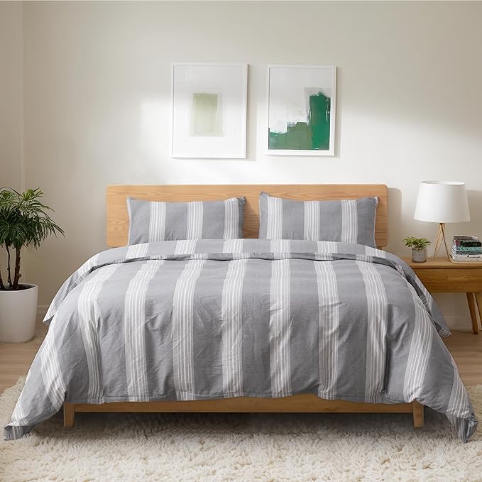 TOCOMOA Striped Duvet Cover Set 100% Natural Cotton Soft Comfy Breathable 3 Piece Light Grey and White Pattern Printed Comforter Cover Bedding Set (King 104"x90", Comforter Not Included)