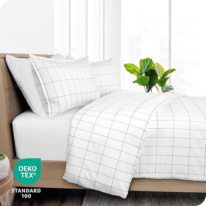 Bare Home Duvet Cover - Queen Size Bedding Set - Premium 1800 Super Soft Collection - Lightweight, Cooling - Soft Breathable Duvet Cover (Queen, Grid – White/Grey)