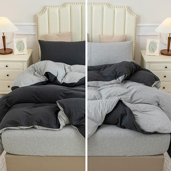 PURE ERA Jersey Knit Duvet Cover Set 100% T-Shirt Cotton Super Soft Comfy 3pc Bedding Set with Zipper Closure (Heather Charcoal Grey/Grey, Queen)