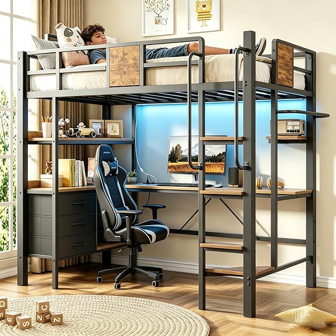 Garvee Twin Loft Bed with Desk and Stairs, Heavy Duty Loft Bed with RGB LED Lights, Charging Station, 3 Fabric Storage Drawers & 2 Open Shelves, No Box Spring Needed