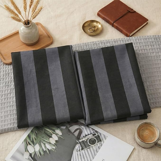 Merryword Queen Size Pillowcases, 100% Cotton Pillow Cases, Black and Gray Striped Pillowcases, Luxury Linen Like Pillowcase, Soft Breathable Wide Stripe Pillow Covers, Set of 2