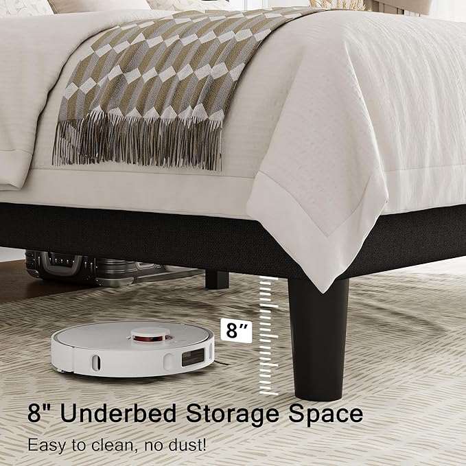Einhomn Black Platform Bed Frame Full Size with Fabric Upholstered Wingback Headboard, 12" Under Bed Space, Wooden & Metal Slats Support, No Box Spring Needed