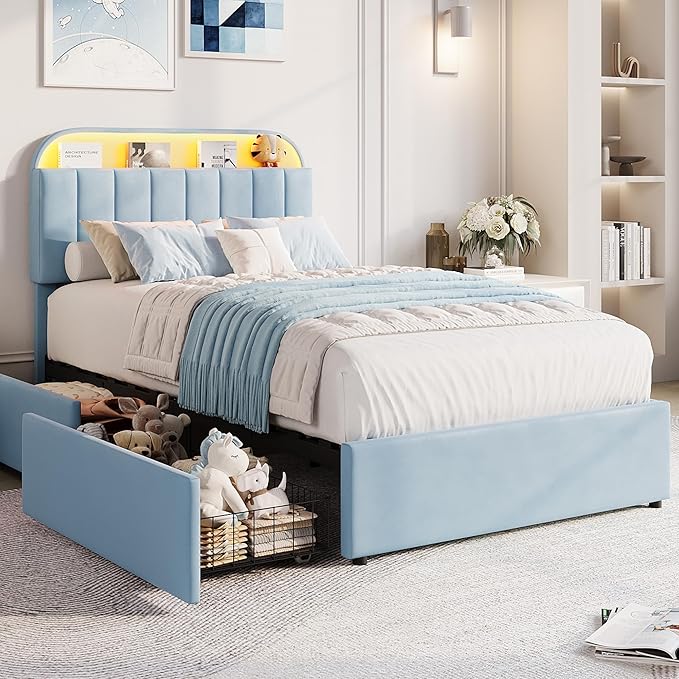 GarveeHome Twin Bed Frame with Storage Headboard, Kids Bed Frame with 2 Drawers, Velvet Upholstered Platform Bed Frame with Lights, No Box Spring Needed, Easy Assembly, Velvet Blue
