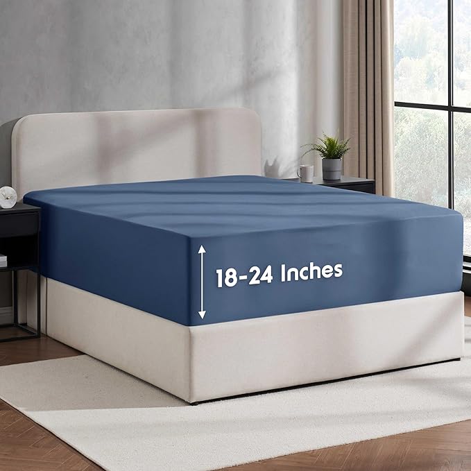 Nestl 2 Pack Navy Blue Fitted Sheet Extra Deep Pocket, Hotel Luxury KingFitted Sheet Only Easily Fits 18 to 24 Inch Mattress, Super Soft, Wrinkle-Free and Breathable with Corner Straps