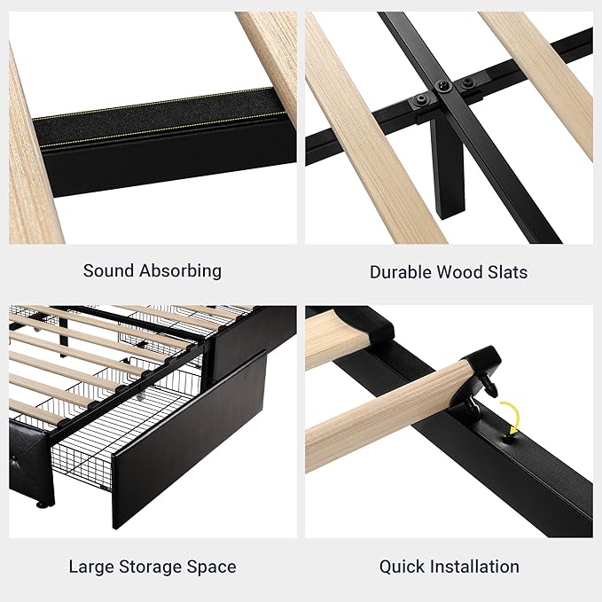 Allewie Upholstered Queen Size Platform Bed Frame with 4 Storage Drawers and Headboard, Diamond Stitched Button Tufted, Mattress Foundation with Wooden Slats Support, No Box Spring Needed, Black