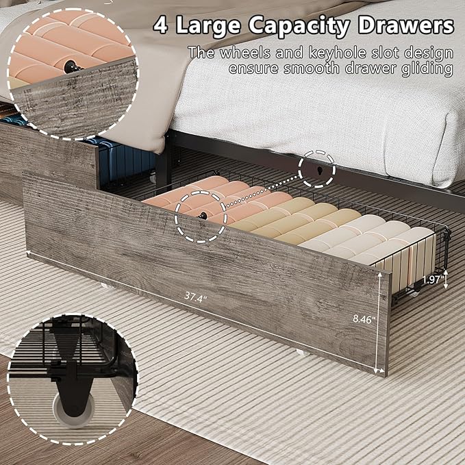 VINGLI Full Bed Frame with 4 Storage Drawers and Adjustable Headboard, Metal Double Platform Bed with Charging Station and LED Lights, No Box Spring Needed, Noise Free, Easy Assembly, Wash Grey