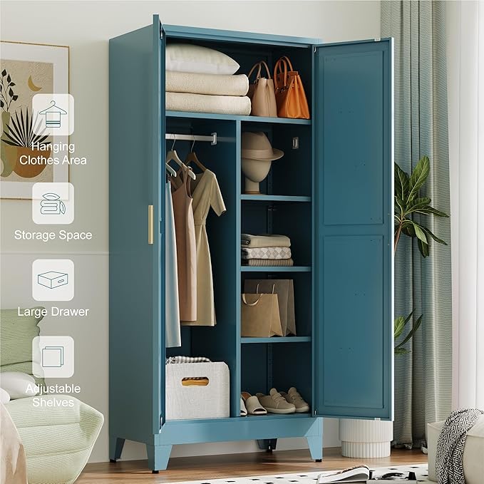 Baborokic 71" Armoire Wardrobe Closet with Hanging Rod,Metal Wardrobe Cabinet with Adjustable Shelves and Doors,Farmhouse Office Cabinets for Bedroom,Office,Laundry,Employee(Blue)