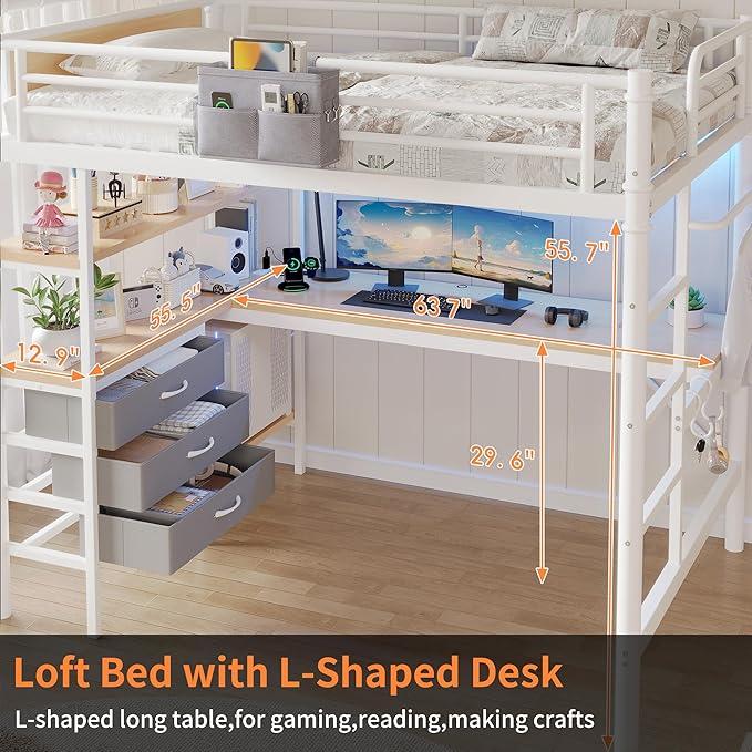 Jocoevol Full Size Loft Bed with L-Shaped Desk, LED Lights,Charging Station, Industrial Heavy Duty Metal Loft Bed Frame with 3 Storage Shelves and 3 Fabric Drawers, Safety Guard & Ladder, White