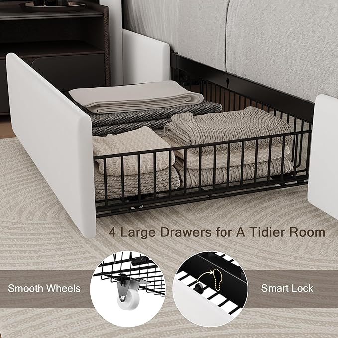 Einhomn Queen Bed Frame with 4 Storage Drawers and Charging Station, Upholstered Platform Bed Frame with Storage Headboard, No Box Spring Needed, Easy Assembly, White