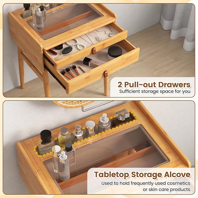 CHARMAID Makeup Vanity Table with Stool, Bamboo Vanity Desk with Rotating Mirror, 2 Drawers, Deep Storage Alcove, Tempered Glass Tabletop, Girls Dressing Table for Small Space Bedroom