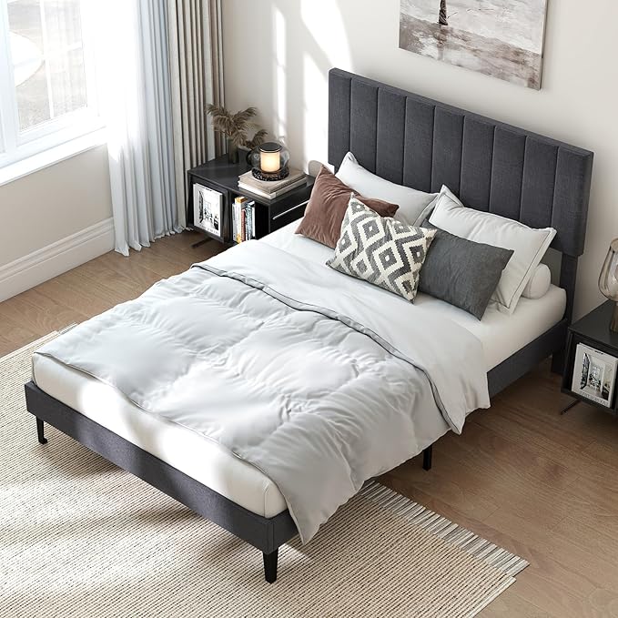 Giantex Full Size Upholstered Bed Frame, Platform Bed with Height Adjustable Vertical Channel Headboard, Wooden Slats Support Mattress Foundation, No Box Spring Needed, Noise Free, Grey