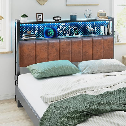 VINGLI King Size PU Leather Upholstered Headboard Bookcase Head Board for Bed with Storage,Charging Stations and LED Light, 2 Tier Shelves and Pegboard, Height Adjustable, Industrial Brown