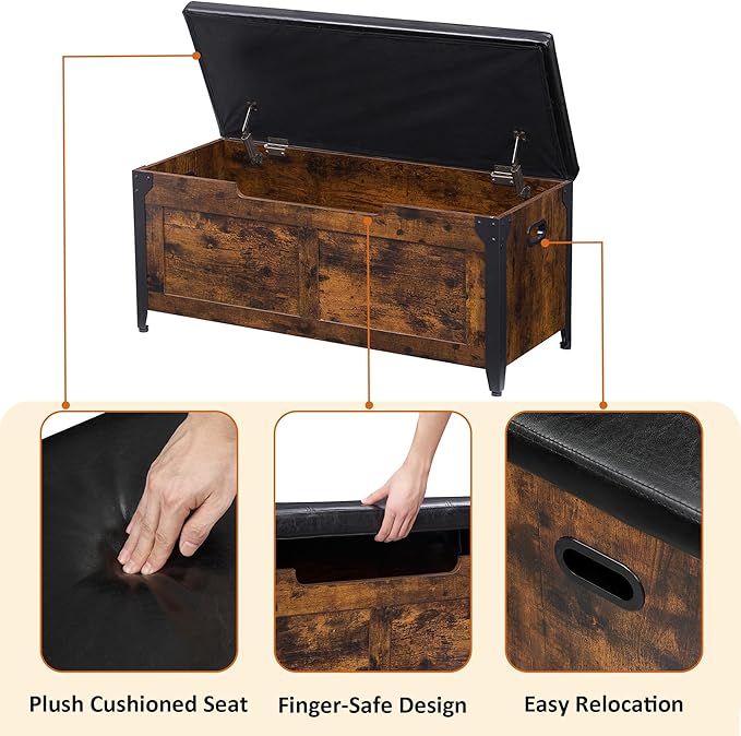 IDEALHOUSE Storage Bench, 39.4" Retro Wooden Storage Chest with 2 Safety Hinges, Loads 300 lb, Easy Assembly, Storage Ottoman Bench for Bedroom Entryway Living Room, Rustic Brown