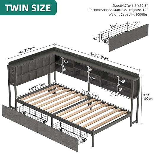 YITAHOME Twin Corner Bed Frame with Storage Drawers and Bookcase & Flip-up Storage Headboard, Twin Size Platform Corner Bed Frame with Charging Station and LED Lights, Twin Daybed for Dorm, Grey