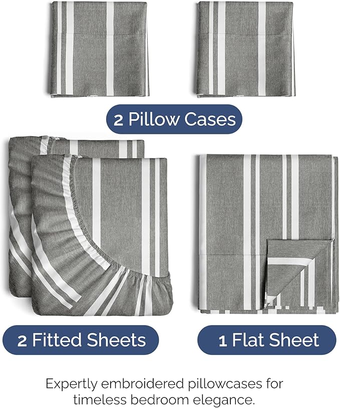 Split King Size 5 Piece Sheet Set - Comfy Breathable & Cooling Sheets - Hotel Luxury Bed Sheets for Women & Men - Deep Pockets, Easy-Fit, Soft & Wrinkle Free Sheets - Grey Stripes Oeko-Tex Bed Sheets