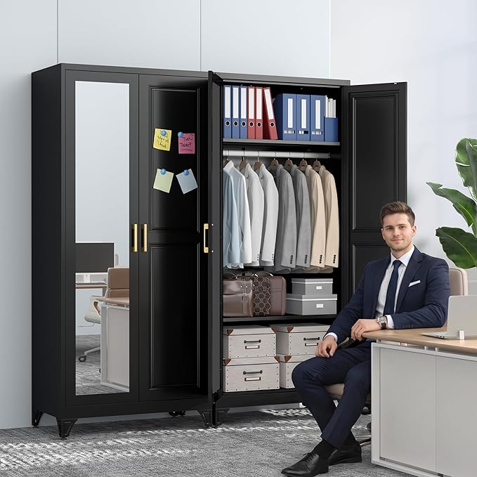 Polup Metal Armoire Wardrobe Closet with Mirror, 71" Tall Steel Clothing Storage Cabinet with 2 Doors, Hanging Rod and Adjustable Shelves, Freestanding Clothes Organizer for Bedroom, Office, Black