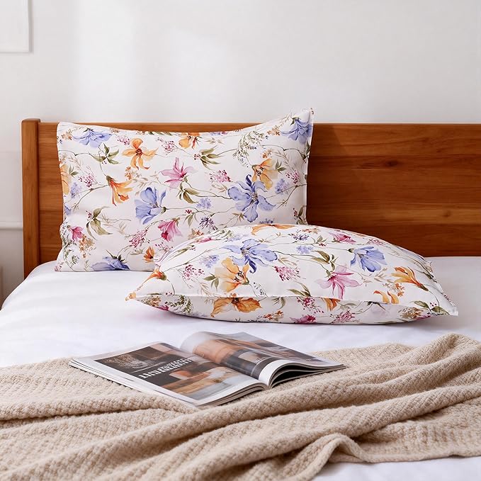 CHUFFED 100% French Linen Pillow Cases Pastel Bloom Print, Farmhouse Floral Stone Washed Pillow Shams with Envelope Closure Soft Breathable Vintage Pillow Covers for Decor,20x36 inches