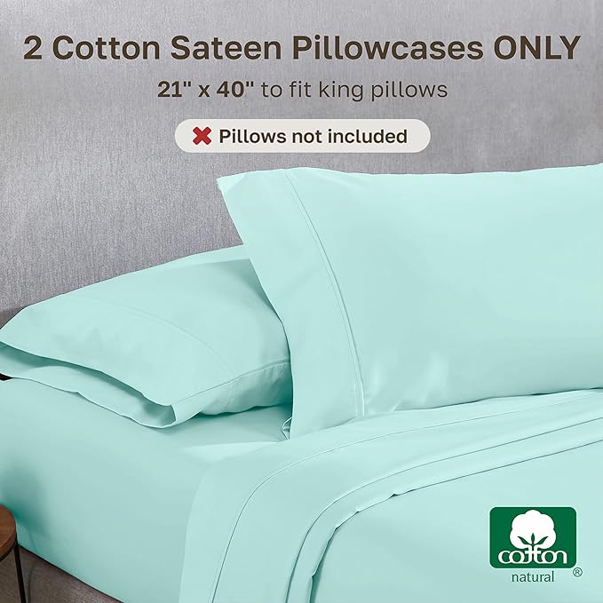 California Design Den 400 Thread Count 100% Cotton Pillowcases, Seafoam King Pillowcase Set of 2, Long - Staple Combed Pure Natural Cotton Pillow Cases, Soft & Silky Sateen Weave