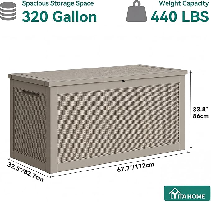 YITAHOME 320 Gallon Outdoor Storage Box, Large Water Resistant Resin Deck Box, Indoor Outdoor Lockable Storage Container for Patio, Garden, Cushions, Tools, Equipment(Brown)