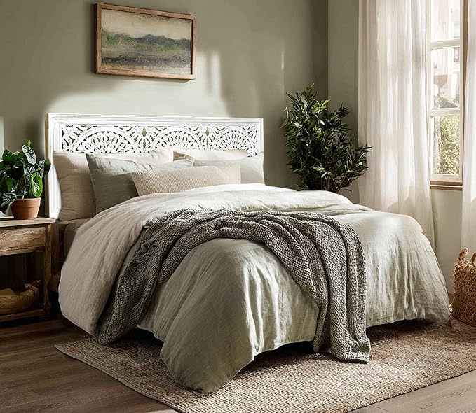 COTTON CRAFT Solid Wood Sturdy Queen Headboard - Compatible with All Bed Frames - Intricate Hand Carved Medallion Motif - Bohemian Transitional - Beautiful for Any Bedroom - Rustic Whitewash