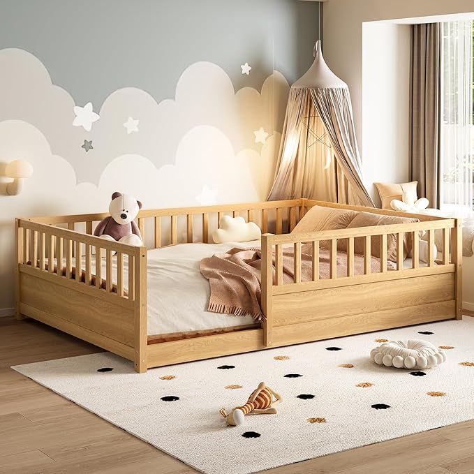 Bellemave Full Size Floor Bed with High Fence, Wood Montessori Bed with Slats and Guardrails, Full Size Montessori Floor Beds Frame for Kids, Girls, Boys, Natural