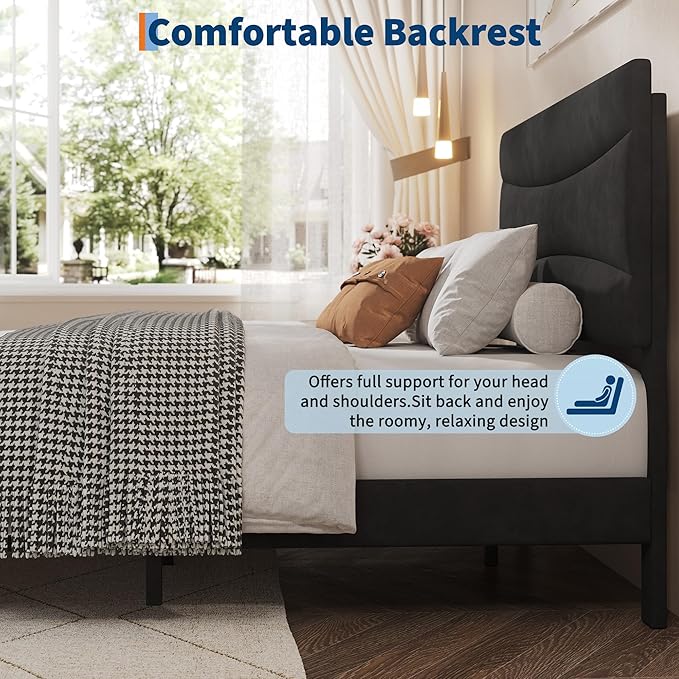IDEALHOUSE Twin XL Upholstered Platform Bed Frame with Ergonomic Headboard, Beige Soft Fabric, Heavy Duty Wooden Slats, Noise-Free, 6.3" Underbed Storage, No Box Spring Needed, Easy Assembly
