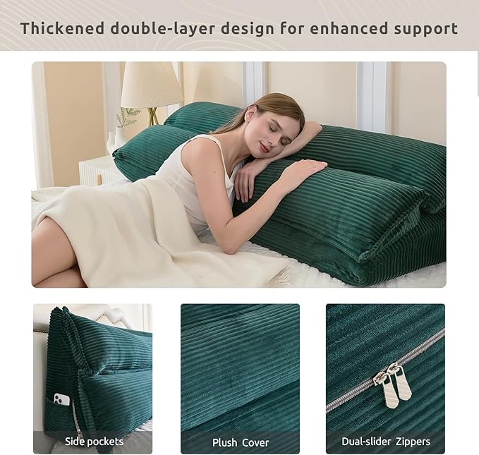 Zelladorra Wedge Pillow Headboard, Headboard Pillow King for Reading or Sitting, Bolster Pillow with Large Memory Foam, Removable Cover, Green