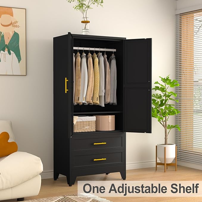 RIETERN Metal Armoire Wardrobe Closet, 71" Tall Bedroom Closet with 2 Drawers, Adjustable Shelves, and Hanging Rod, Steel Clothes Closets and Storage, for Bedroom Black