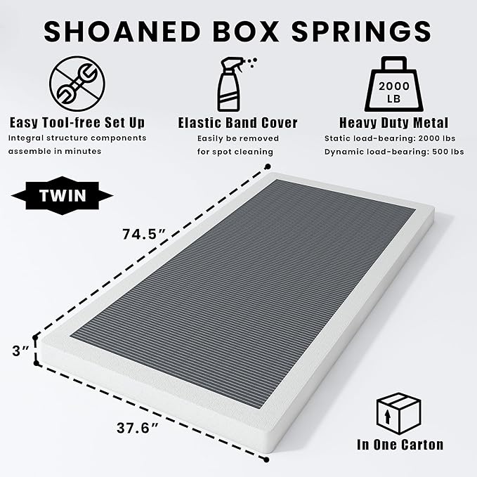 SHOANED Twin Size Box Springs - 3 Inch Low Profile Mattress Foundation No Noise Heavy Duty Metal Basics Bed Base with Clean Fabric Cover, Easy Assembly