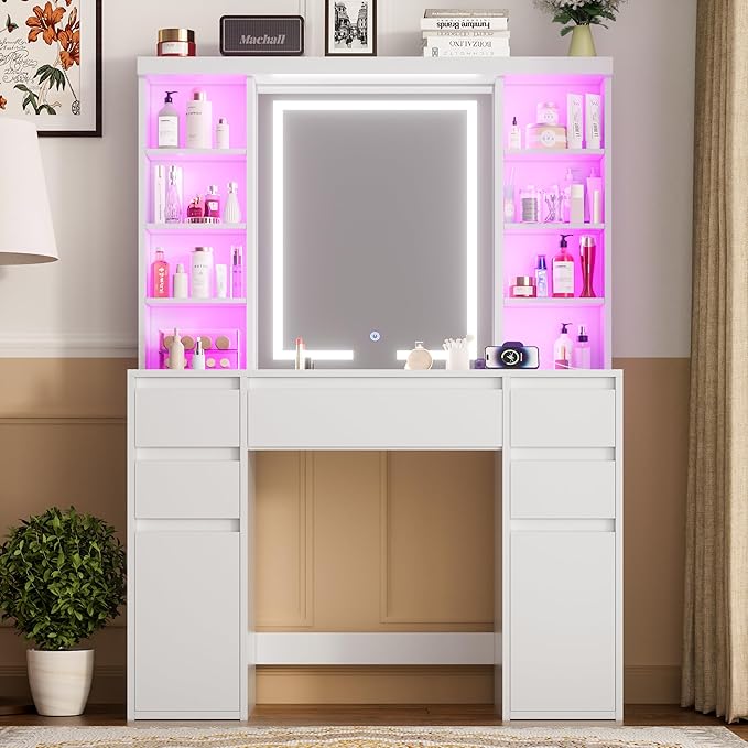 COWMOU Tall Vanity Desk with LED Mirror and RGB Lights Shelves, White Makeup Vanity with Power Outlet, Vanity Table with 5 Sliding Drawers & 2 Cabinets for for Bedroom and Dressing Room