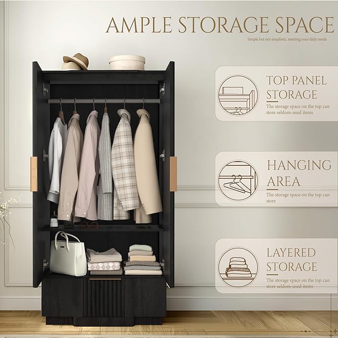 Yechen 67" Fluted Armoire Wardrobe Closet Set of 3 with Doors and Drawer, Wooden Wardrobe Closet Cabinet with Adjustable Shelve, Modern Small Armoires Storage Clothes, Coats for Bedroom, Black, 3pcs