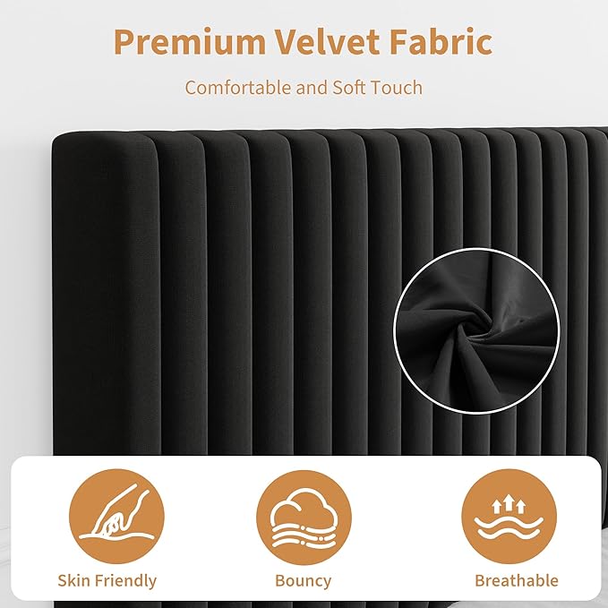 IDEALHOUSE Full Size Bed Frame with Adjustable Headboard, Velvet Upholstered Platform Full Bed Frame, Vertical Channel Tufted, Strong Wooden Slats, No Box Spring Needed, Easy Assembly, Black