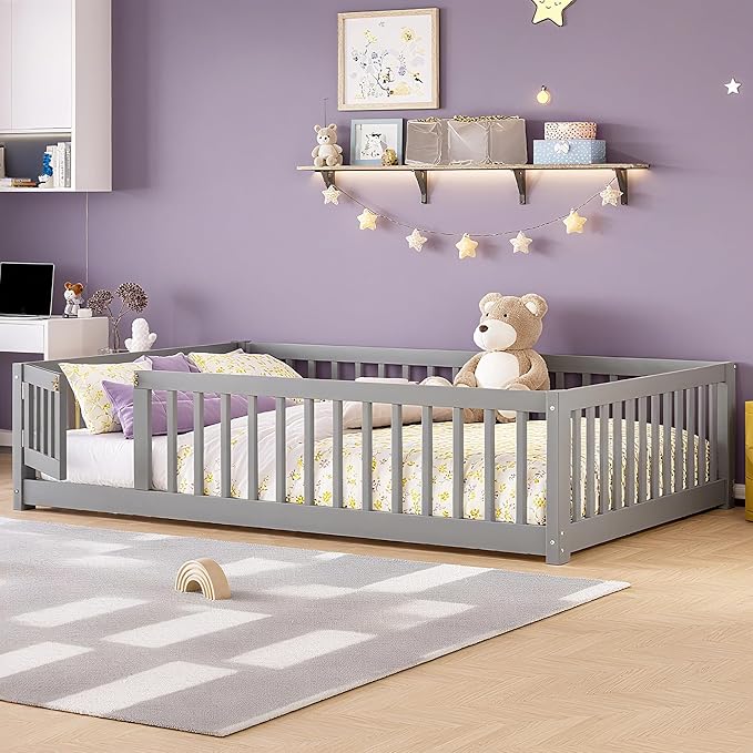 Bellemave Full Size Montessori Floor Bed Frame with Rails & Door, Solid Wood Kids Floor Bed Full with Removable Slats, Low Profile Montessori Bed for Children’s Sleep & Play, Grey
