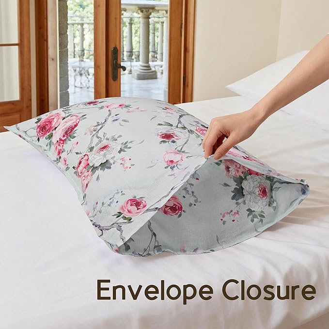 CHUFFED 100% French Linen Pillow Cases Pink Rose Print, Farmhouse Floral Stone Washed Pillow Shams with Envelope Closure Soft Breathable Vintage Pillow Covers for Decor,20x36 inches