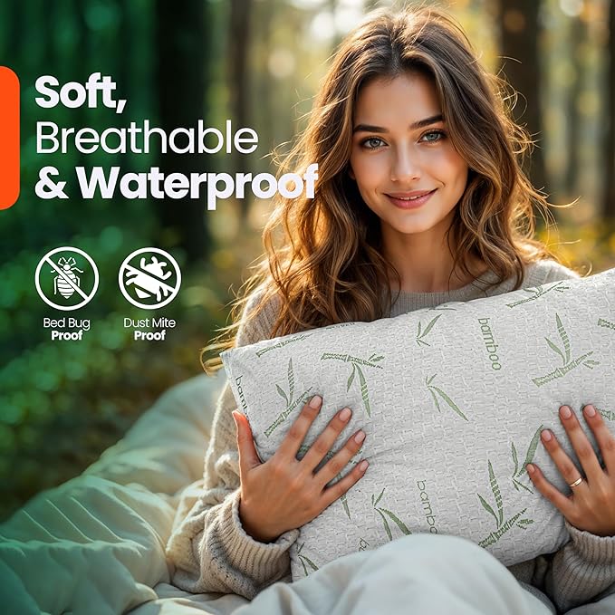 Utopia Bedding Waterproof Pillow Protectors with Zipper Standard Size (2 Pack), Soft and Cooling Bamboo Viscose Pillow Covers, Bed Bug Proof Pillow Encasements 20 x 26 Inches
