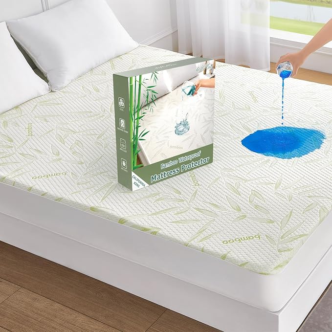 California King Mattress Protector Waterproof Mattress Pad Washable Bamboo Rayon Mattress Cover Breathable Noiseless Bed Protector 5" - 21'' Elastic Fitted Deep Pocket