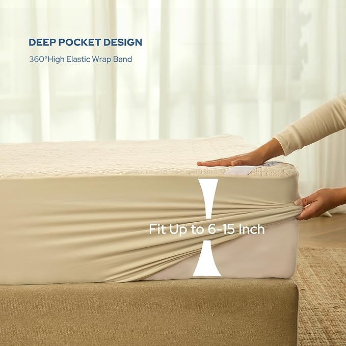 BEDLORE Waterproof Mattress Protector, Full Size Mattress Pad with Deep Pocket 6"-15" Depth, Soft Breathable Double Bed Mattress Cover for Bedroom, College Dorm, Hotel (Beige)