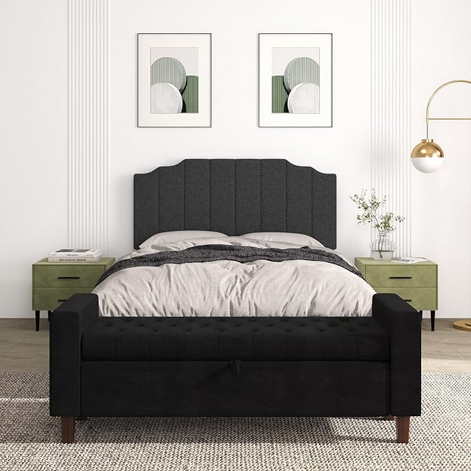 Befurtori Queen Size Headboard Only, Linen Wall Mounted Headboard Queen/Full Size for Adjustable Bed, Modern Vertical Channel Design with Curved Tufted Upholstered Head Board, Dark Gray