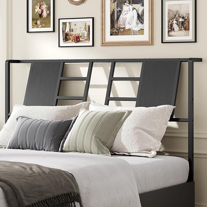 MAHANCRIS Headboard Queen Size Only, Industrial Metal Bed Headboard with Adjustable Feet and Compatible Adapters, Fits Most Bed Frames, Black