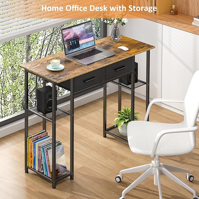 DAOUTIME Computer Desk with Drawers, 37.3 Inch Home Office Work Desk with Storage Shelf, Kids Teens Study Table for Small Space, Small Writing PC Table for Bedroom Makeup Vanity Desk, Brown
