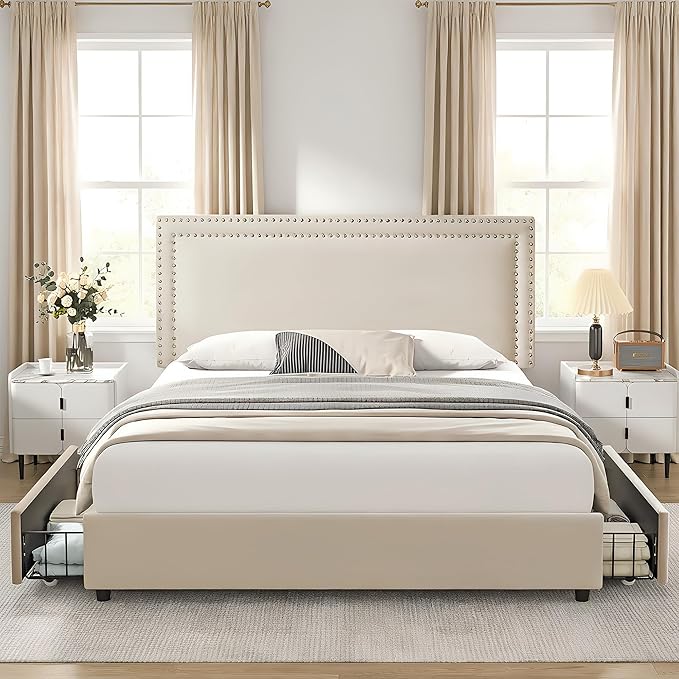 VECELO Queen Size Upholstered Bed Frame with 4 Storage Drawers, Adjustable Velvet Rivet Decor Headboard, Wooden Slats Platform Support, No Box Spring Needed, Easy Assembly,Beige