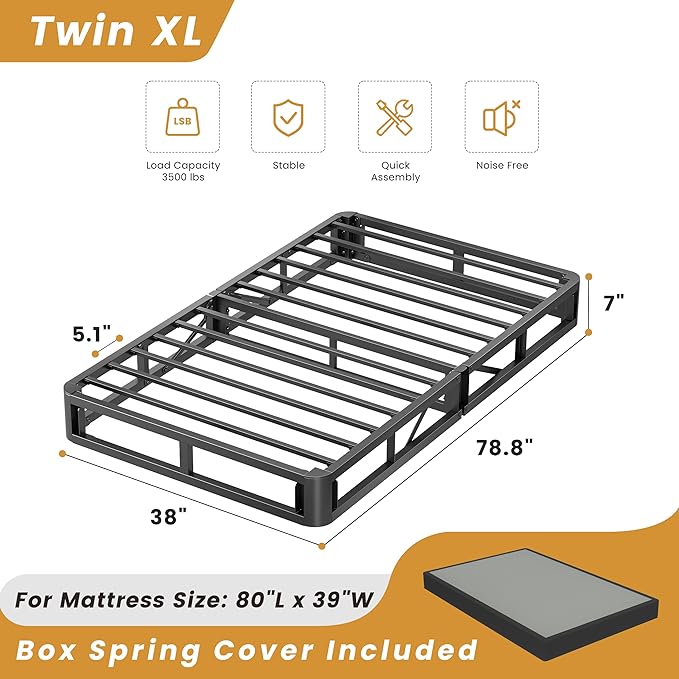 MAF Twin XL Box Spring and Cover Set, 7 Inch High Profile Metal BoxSpring 3500 lbs Black Heavy Duty Metal Mattress Foundation with Easy Clean Fabric Cover, Easy Assembly