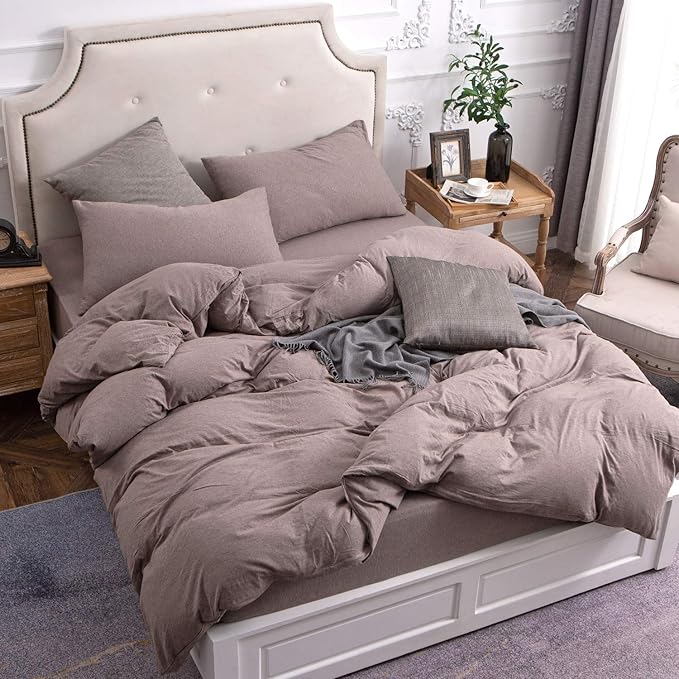 PURE ERA Jersey Knit Duvet Cover Set 100% T-Shirt Cotton Super Soft Comfy 3pc Bedding Set with Zipper Closure (Heather Brown, King)