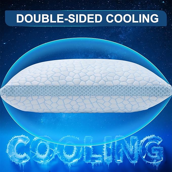 QUTOOL Enhanced Cooling Pillows for Sleeping, CertiPUR-US Shredded Memory Foam Pillows Queen Size Set of 2 for Hot Sleeper, Adjustable Bed Pillow for Side, Back, Stomach Sleepers Support Yet Soft Blue
