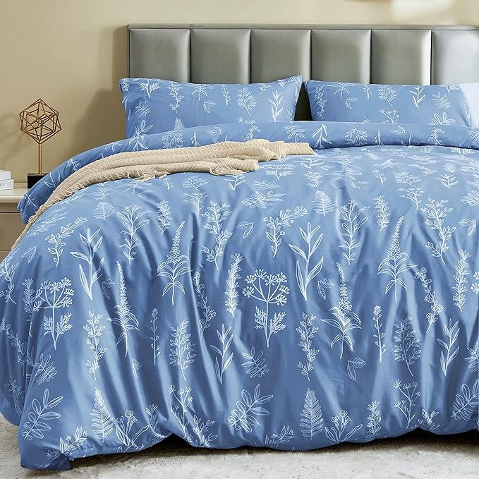 MUXHOMO Duvet Cover Full Size, Reversible Floral Ice Blue Duvet Cover Set with Zipper Closure, 3 Pieces Botanical Patterns Soft Microfiber Bedding Set with 4 Ties (80"x90", 2 Pillow Cases)