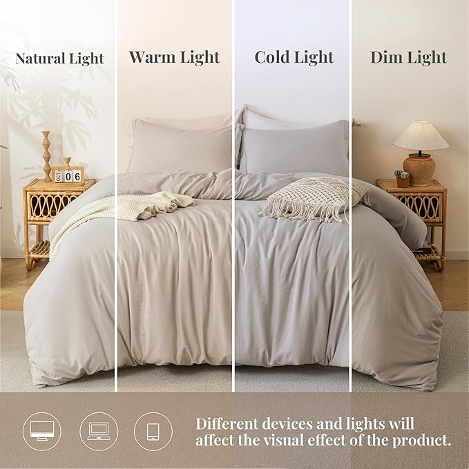 MILDLY Super Soft Duvet Cover - 100% Washed Microfiber Linen Grey Comforter Cover Set 3 Pieces with Zipper Closure & Corner Ties (No Comforter)